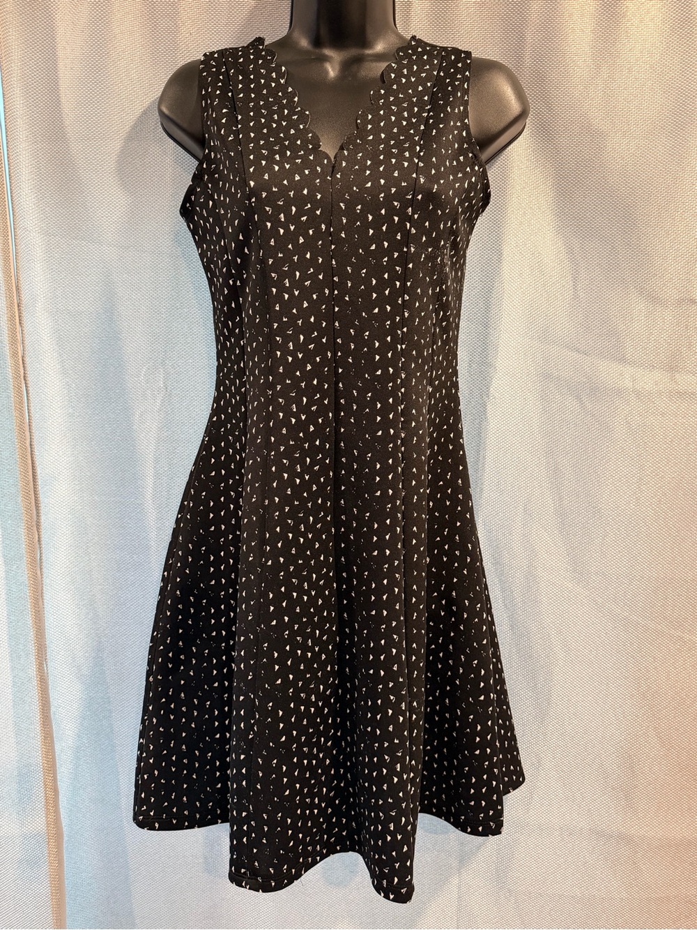 Black Scalloped V-Neck Mini Dress with Micro Print